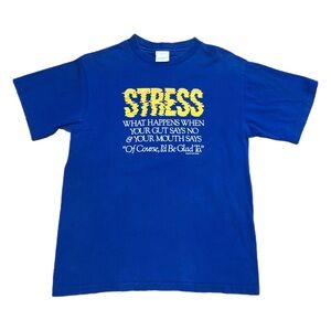 Vintage Stress Graphic Shirt Mens Large Blue Funny Quote Peacock Papers 80s